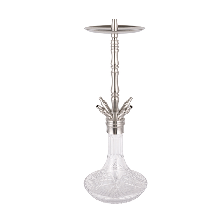 Gemusterte Vier-Loch-Shisha aus klarem Glas, silberfarbener Edelstahl, 64 cm