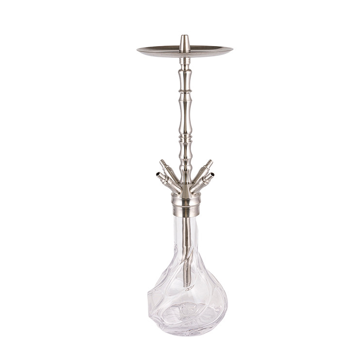 Gemusterte Vier-Loch-Shisha aus klarem Glas, silberfarbener Edelstahl, 64 cm