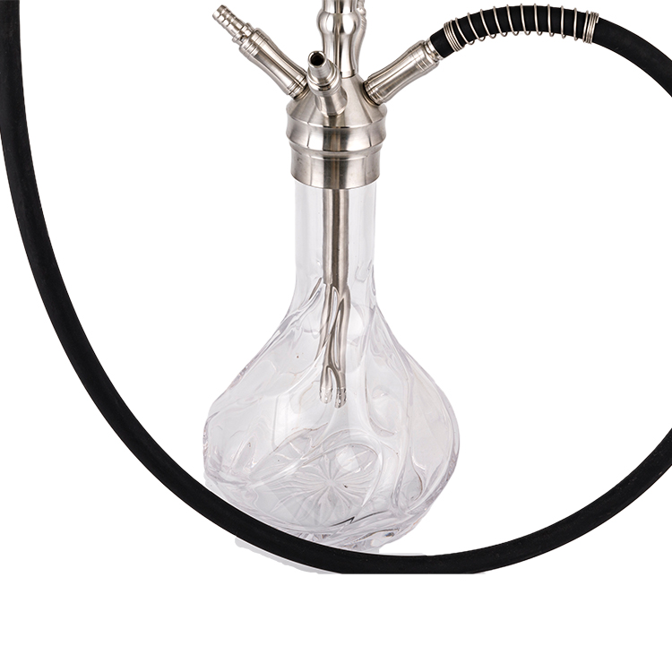 Gemusterte Vier-Loch-Shisha aus klarem Glas, silberfarbener Edelstahl, 64 cm