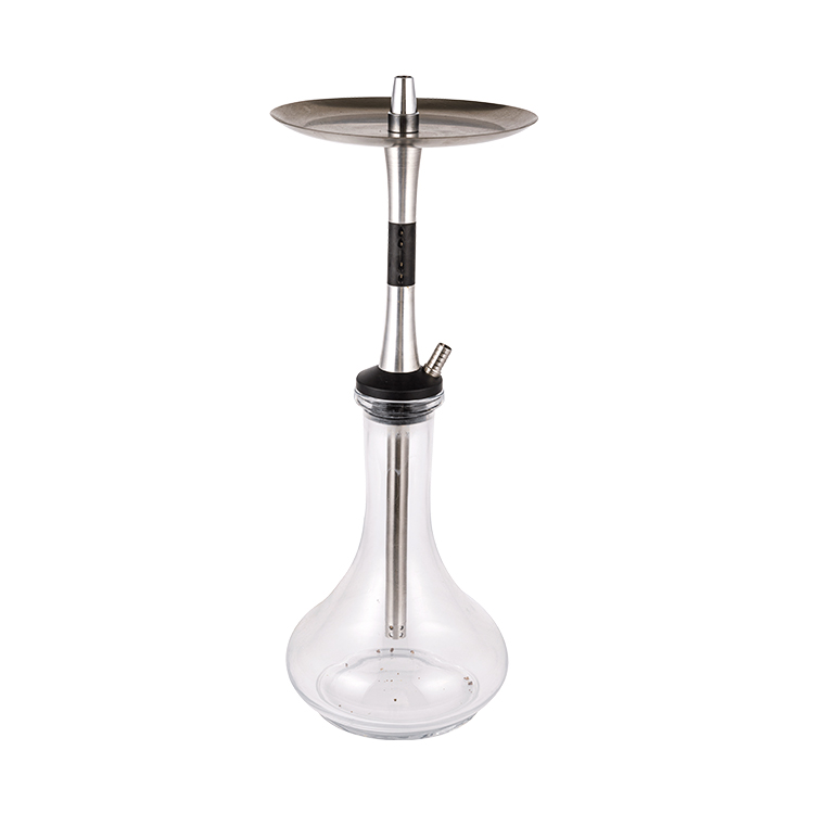 Transparenter Glasbommel + Edelstahlmaterial Silber + schwarzes Metallrohr-3 Einloch-Shisha 56 cm