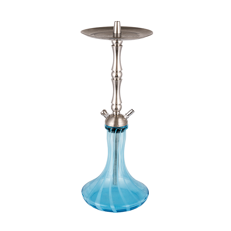 Wasserpfeife mit blauem Glas und silbernem Edelstahl, Doppelloch, 58 cm